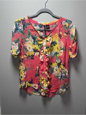 New Directions Petite Size PM Pink Floral Ruffle Front Blouse